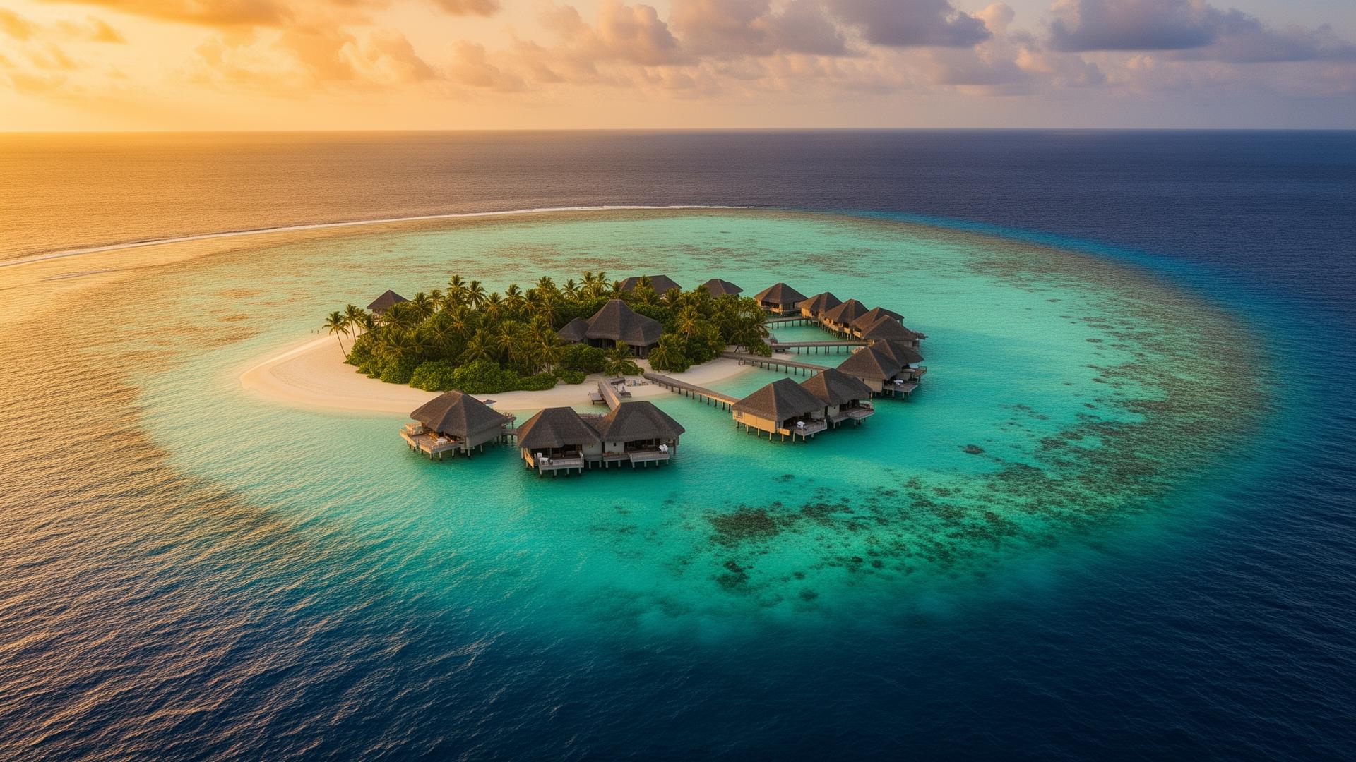 Aerial view of Maldives turquoise lagoon with overwater villas